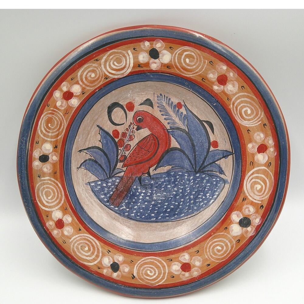 Mexican Folk Art Pottery 9" Wall Plate Hand Painted Red Clay Bird Sign JOSE VTG